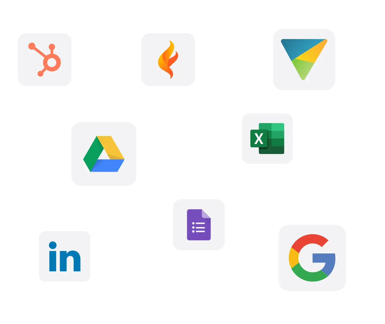 Floating logos of some of our popular integrations, including Sunfire, Vive, Google Drive, Google Sheets, Hubspot, and more.