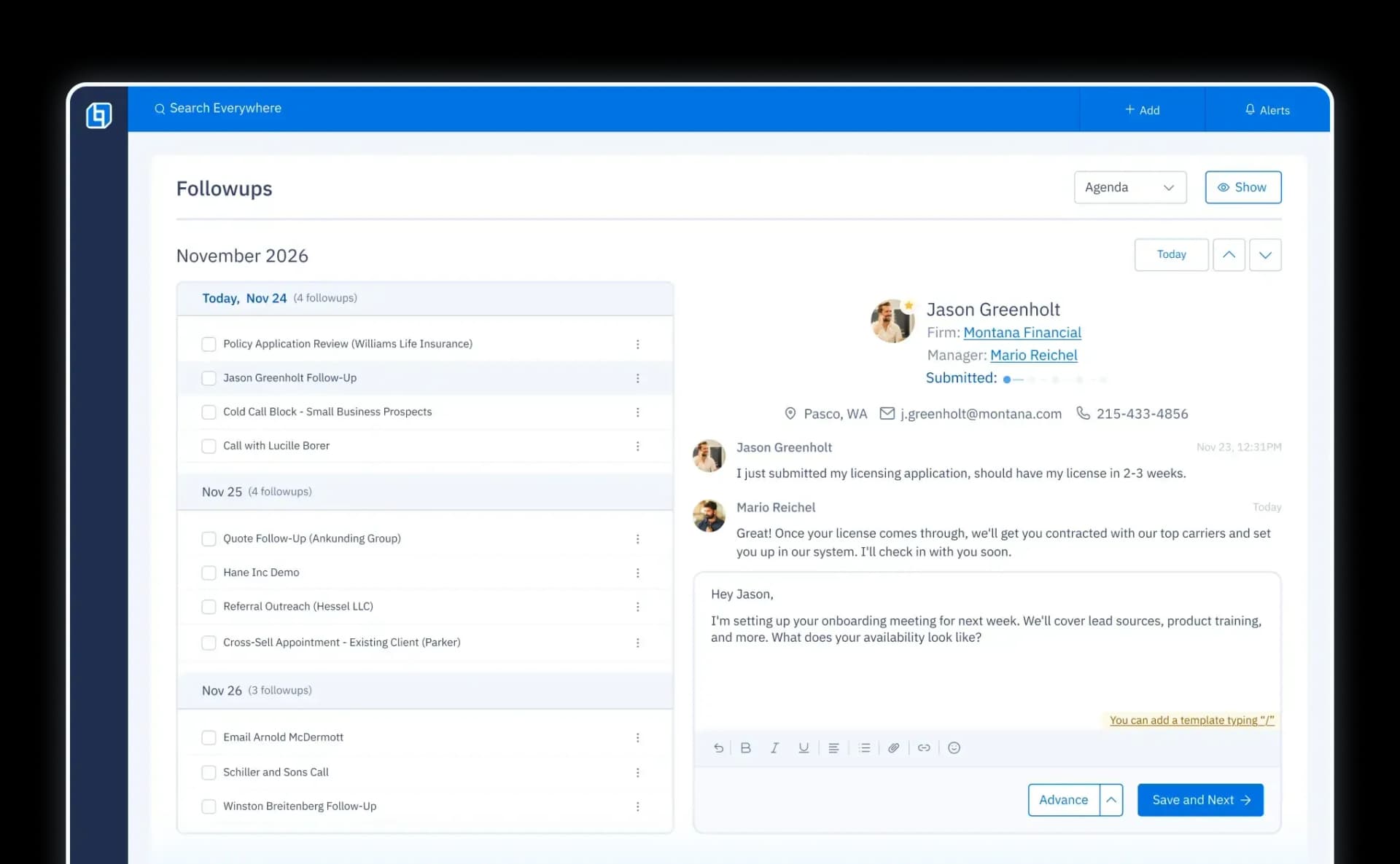 Follow-ups UI with a checklist of agents and prospects by date, plus chat for direct follow-ups.