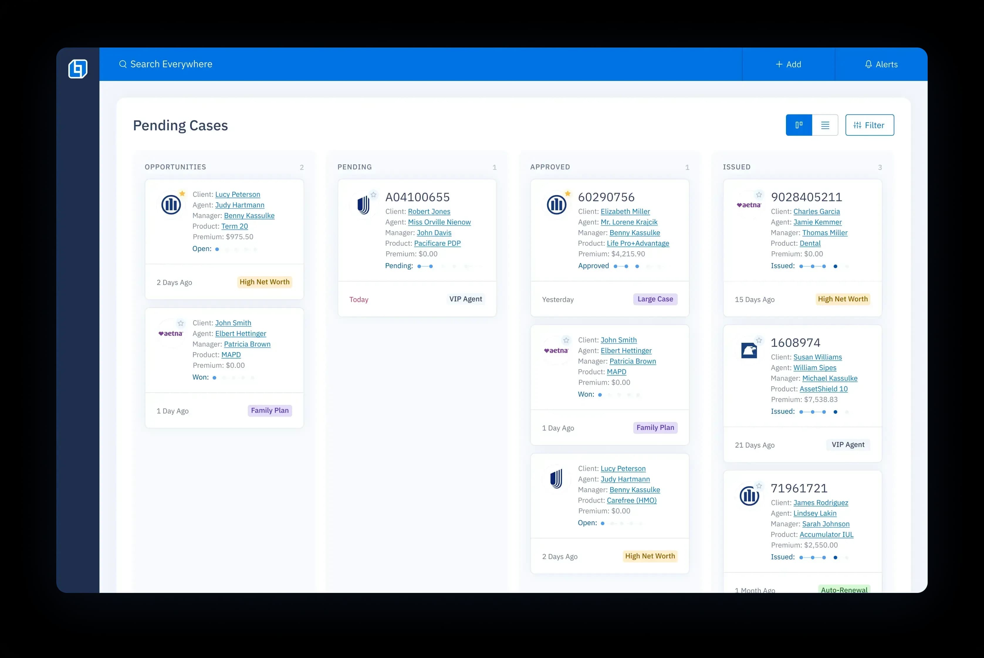 Distribution management dashboard with a Kanban view of case statuses from opportunities to issued policies.
