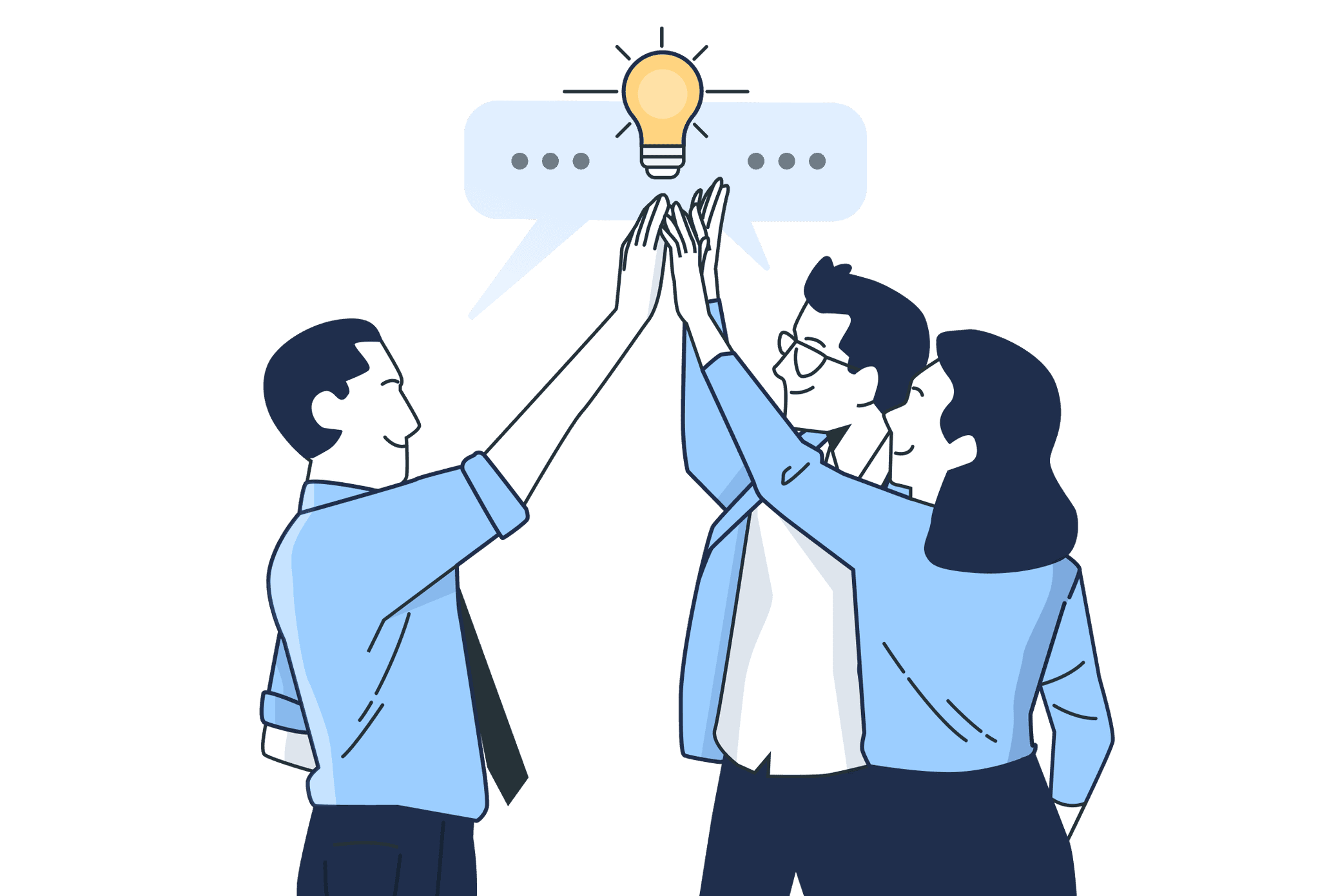 Illustration of three people high-fiving, symbolizing the client success team working as a collaborative extension of the client's internal team.