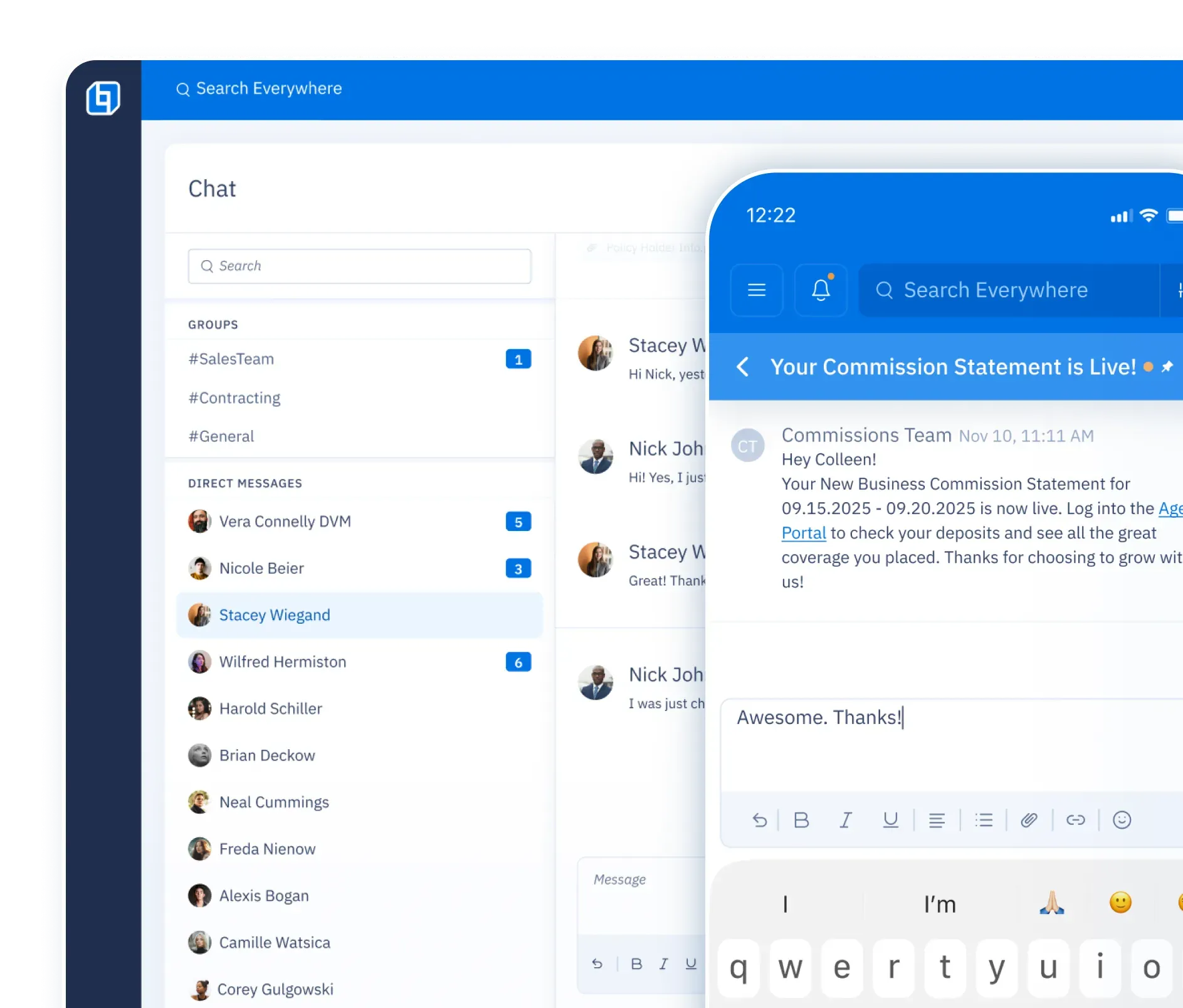Desktop UI screen displaying an instant messaging chat interface within the platform, overlaid by a mobile UI screen displaying the same chat conversation in a mobile view.