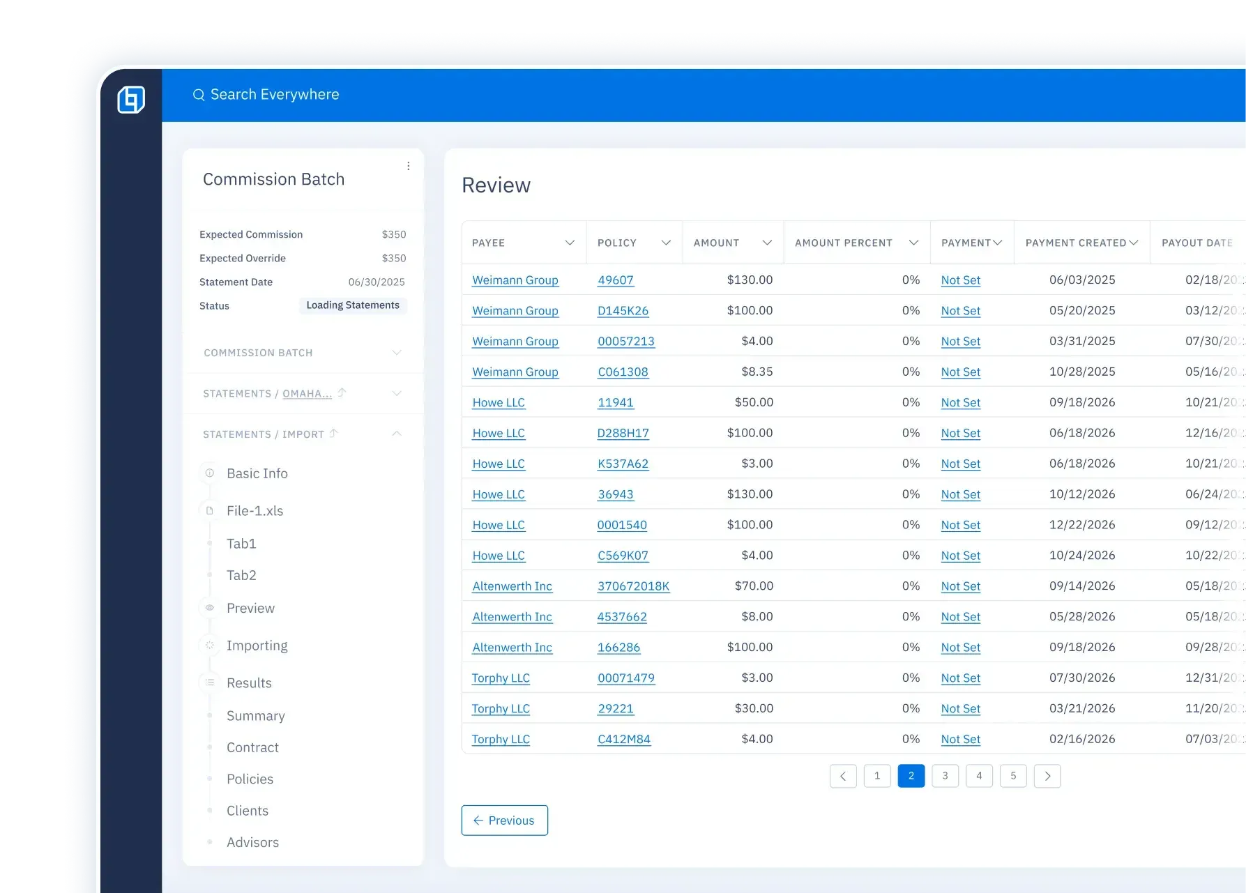 UI screen showing commission batch details on the left and a list of commission payment details for review on the right.
