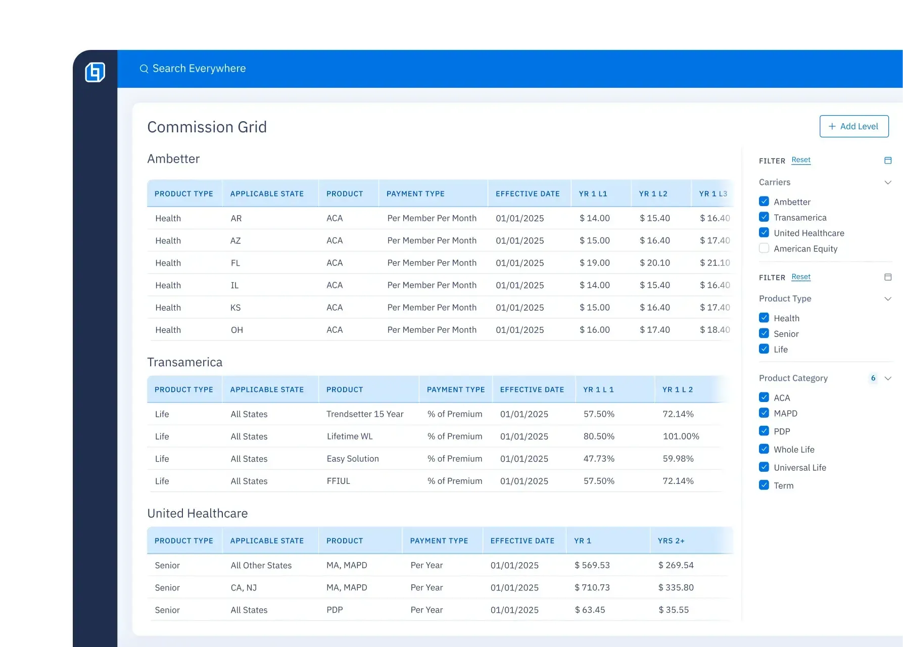 UI screen showing the policy details on the left. The right side displays fields for basic payment information, payees, and a list of rates below, used for automating commissions processing.