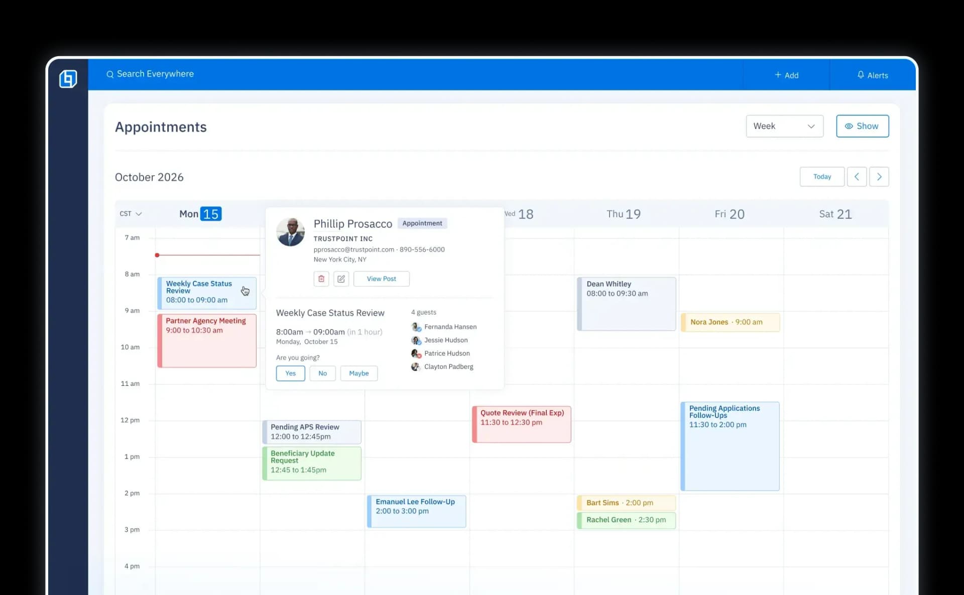 Calendar UI showing case manager activities scheduled for a specific week.