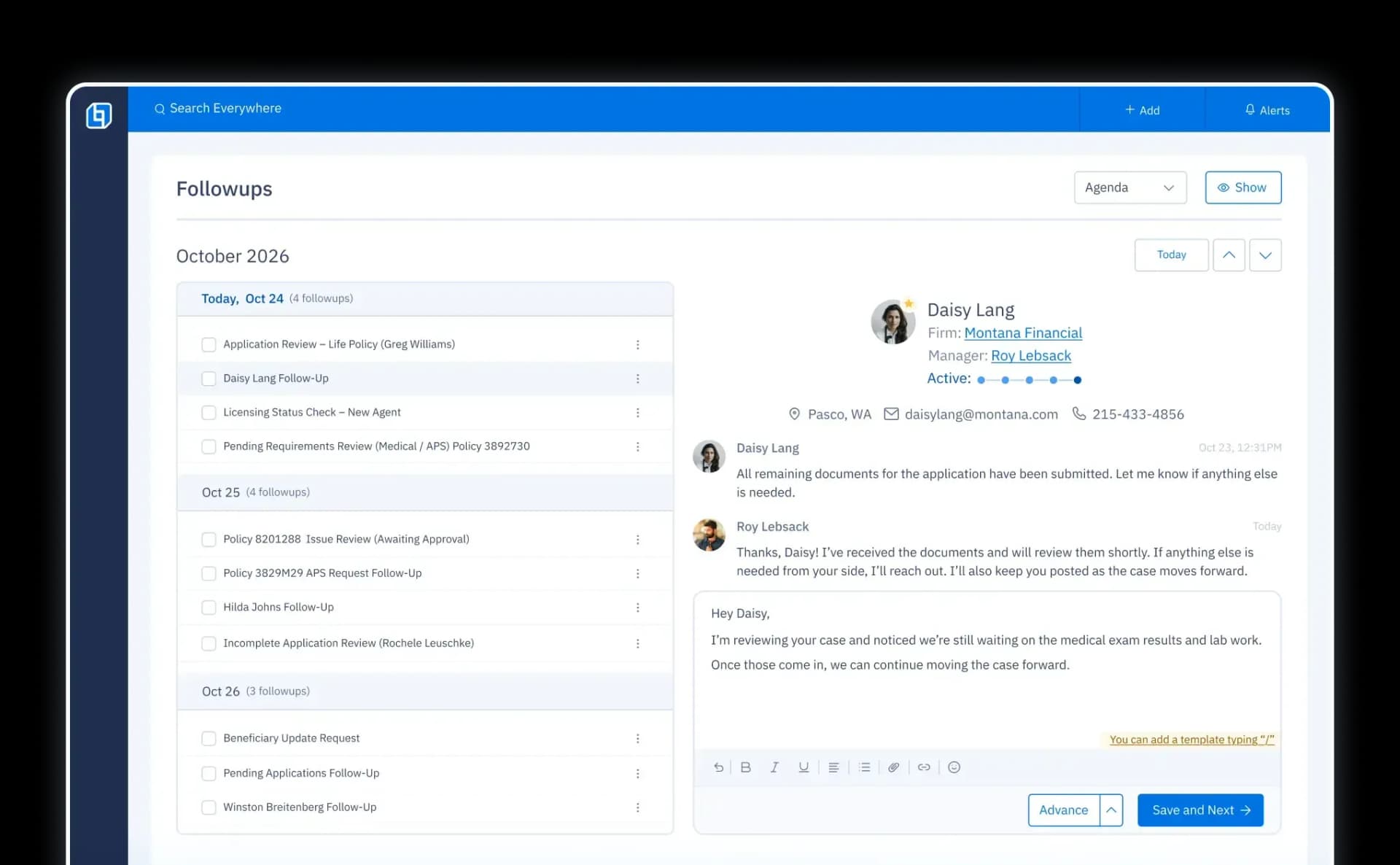 Follow-ups UI with a checklist of agents by date, plus chat for direct follow-ups.