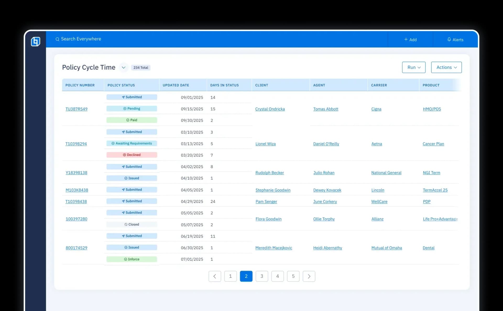 UI screen listing pending cases with policy number, client, carrier, product, agents, manager, state, status, and premium.