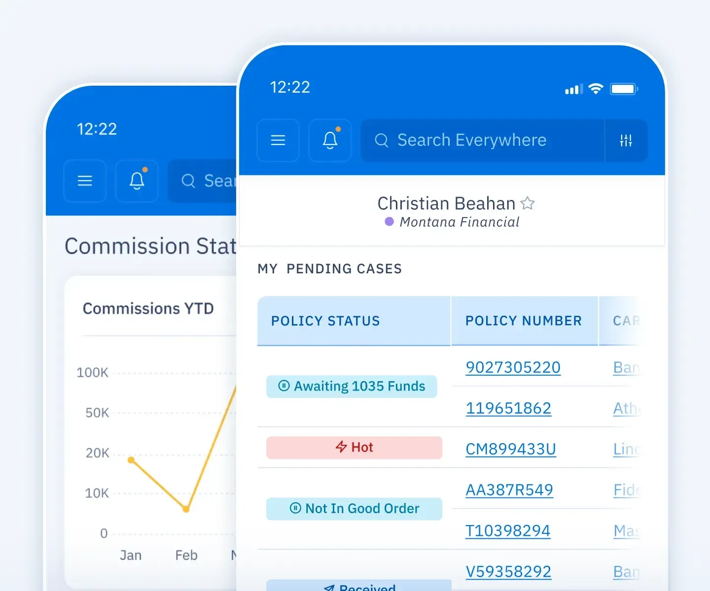 Mobile UI screens showing Book of Business dashboards in the agent portal.
