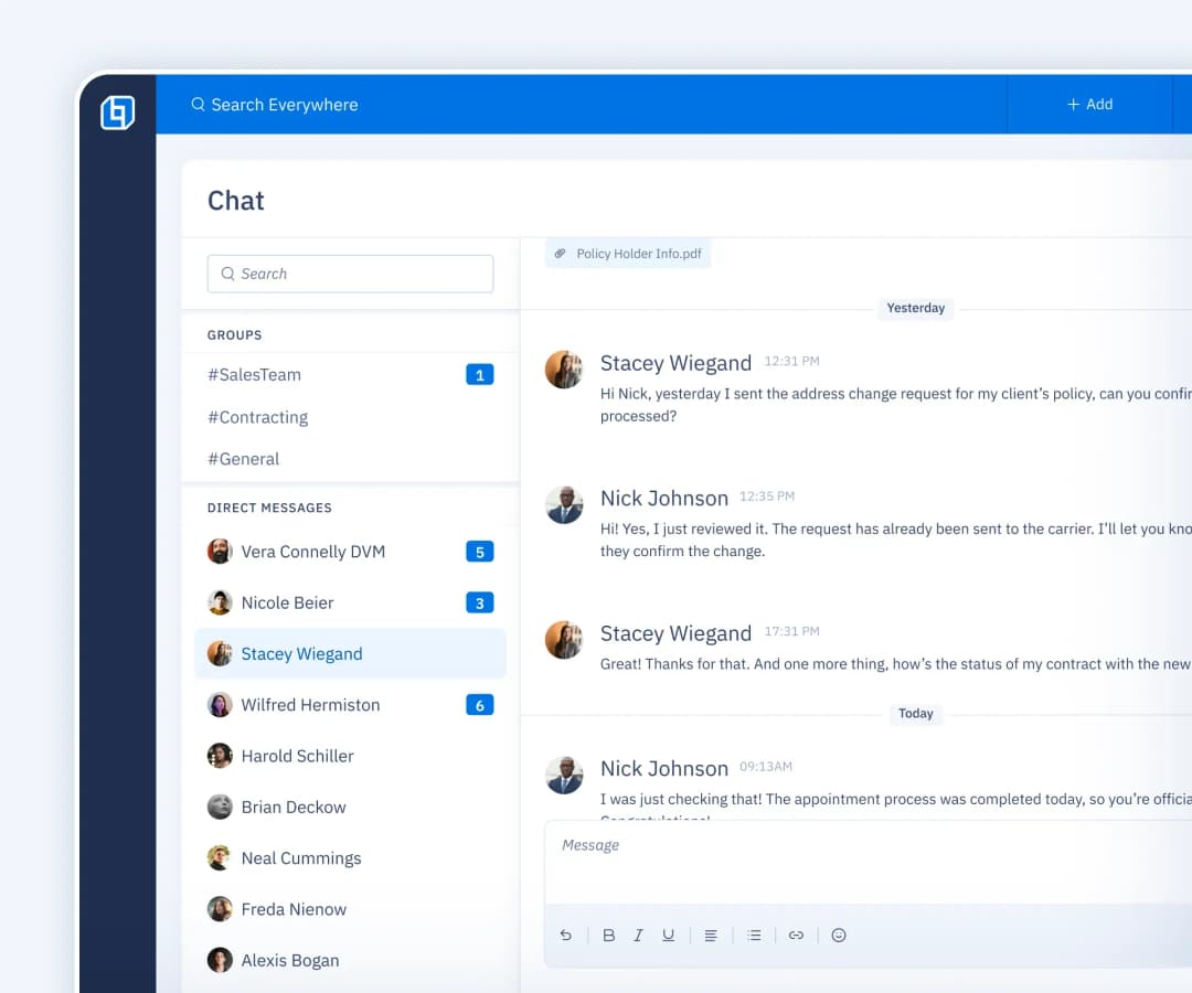 UI screen showing in-app messaging where the team and agents are exchanging questions and answers about a specific case.