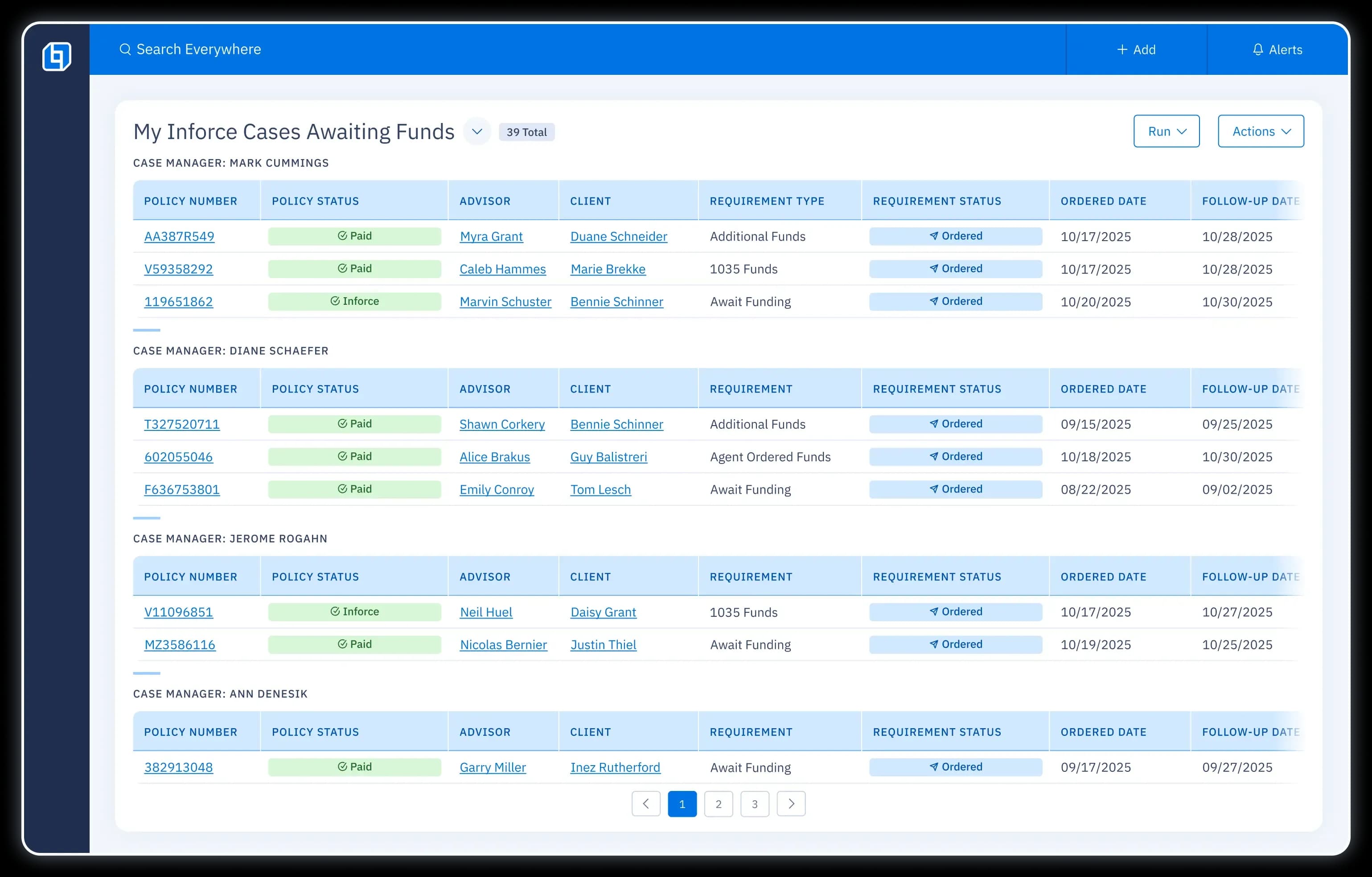 UI screen listing Inforce Cases Awaiting Funds by case manager, including columns for policy number, status, advisor, client, requirements, ordered date, and follow up date.