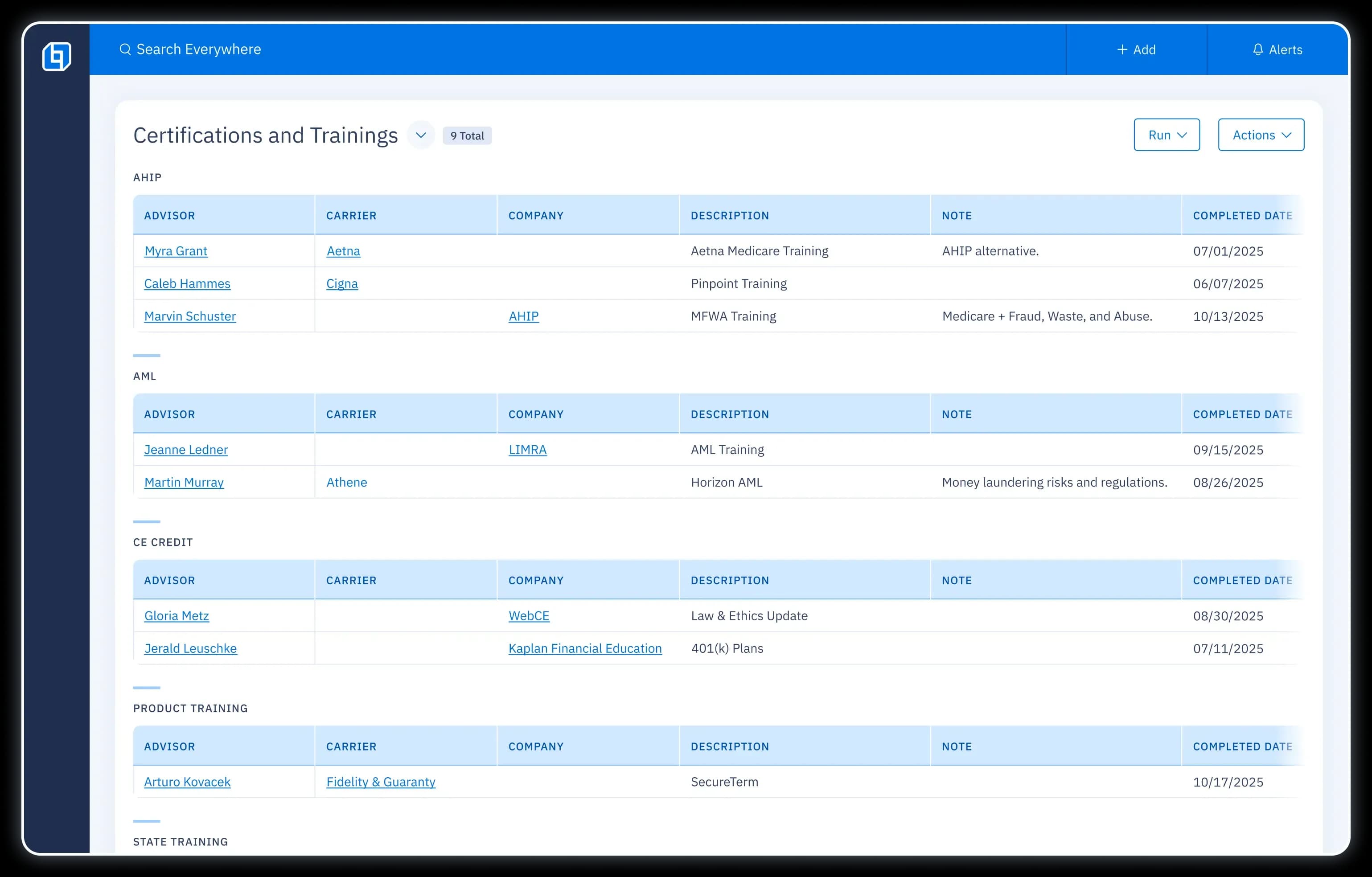UI screen listing certifications and training of advisors, including columns for carrier, company, completed date, and more details.