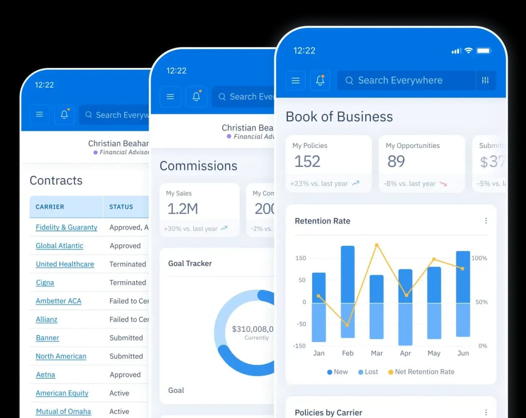 Three mobile dashboards of the agent portal showing contracts, commissions, and book of business.