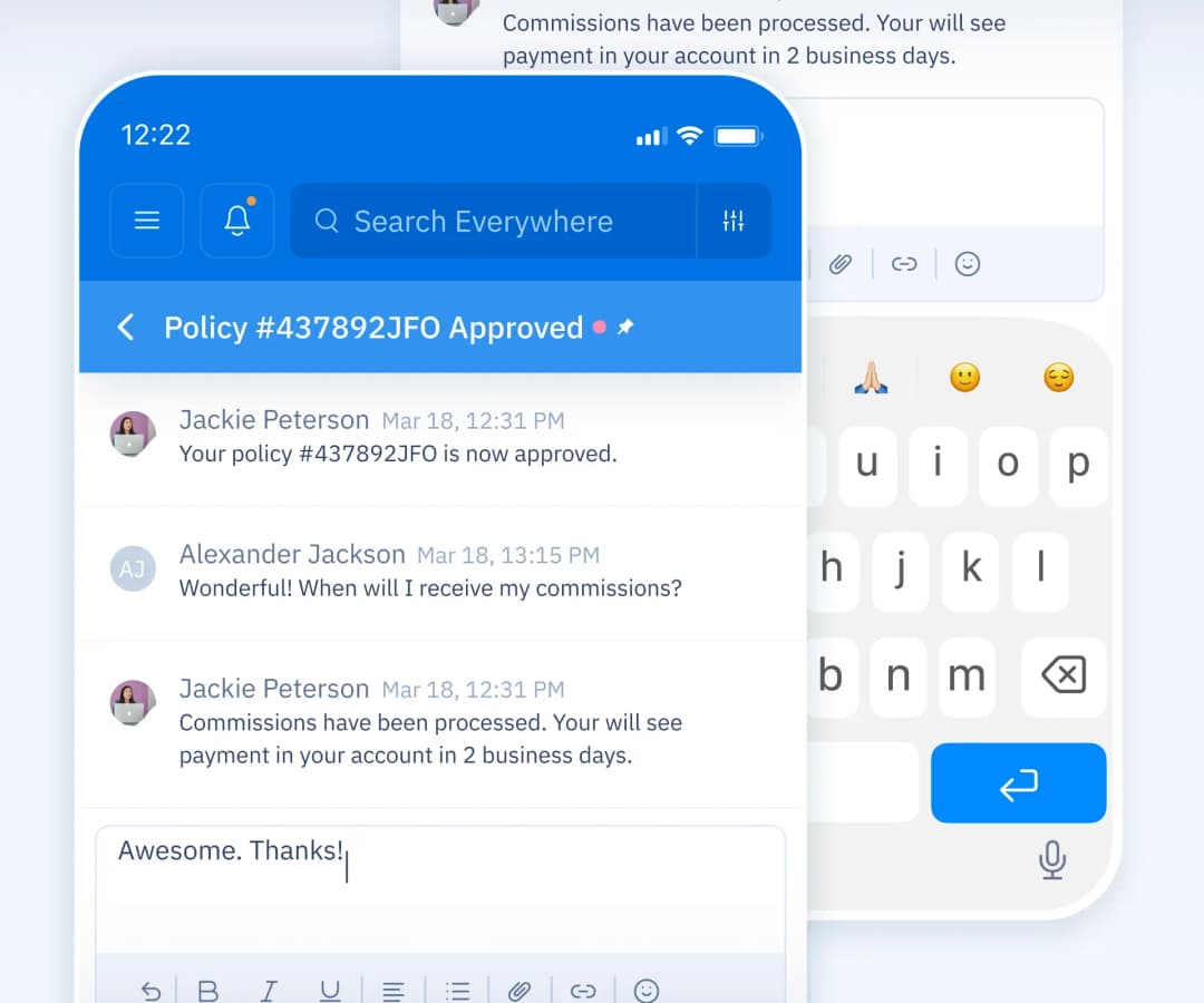 Mobile UI screen showing a list of text messages received for a specific policy, including sender and timestamp.