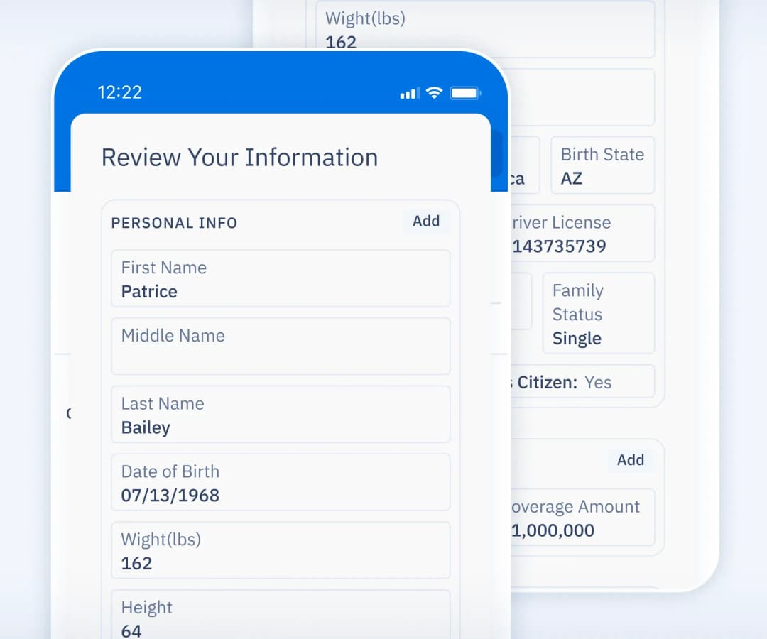 Mobile UI screens showing new application entry form with client and product information fields.